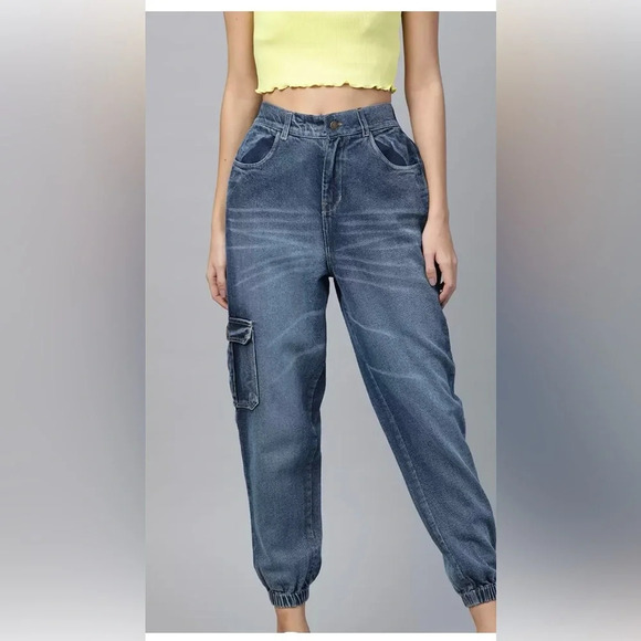 SASSAFRAS Women Blue Pure Cotton Jogger High-Rise size Large - Picture 2 of 11